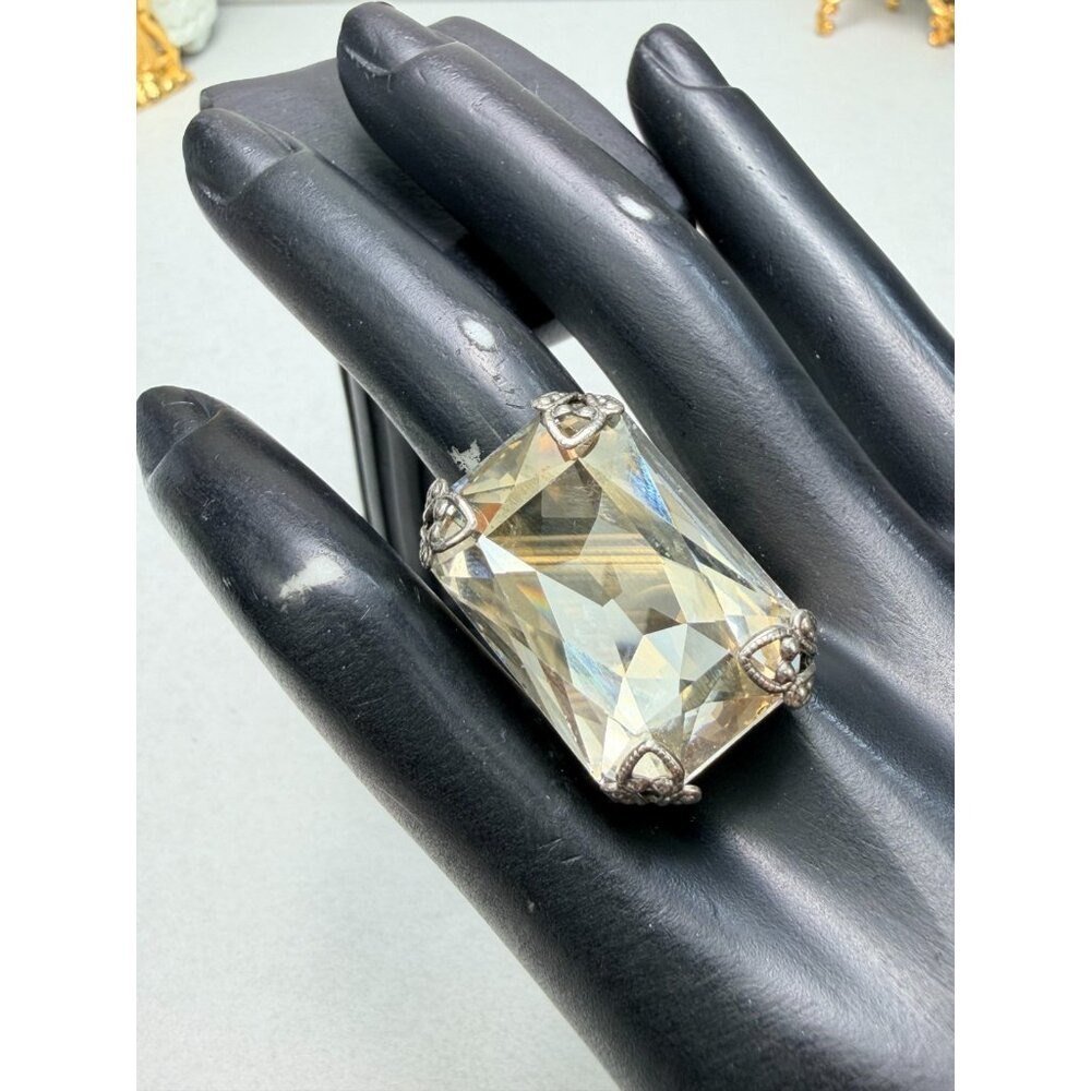Vintage Sorelli Statement Ring Size 7 Ornate Emerald Cut Crystal Bold